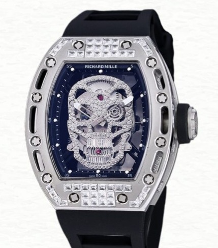 Richard Mille RM 052 Men Automatic Stainless Steel Rubber Band Diamonds Skull Dial